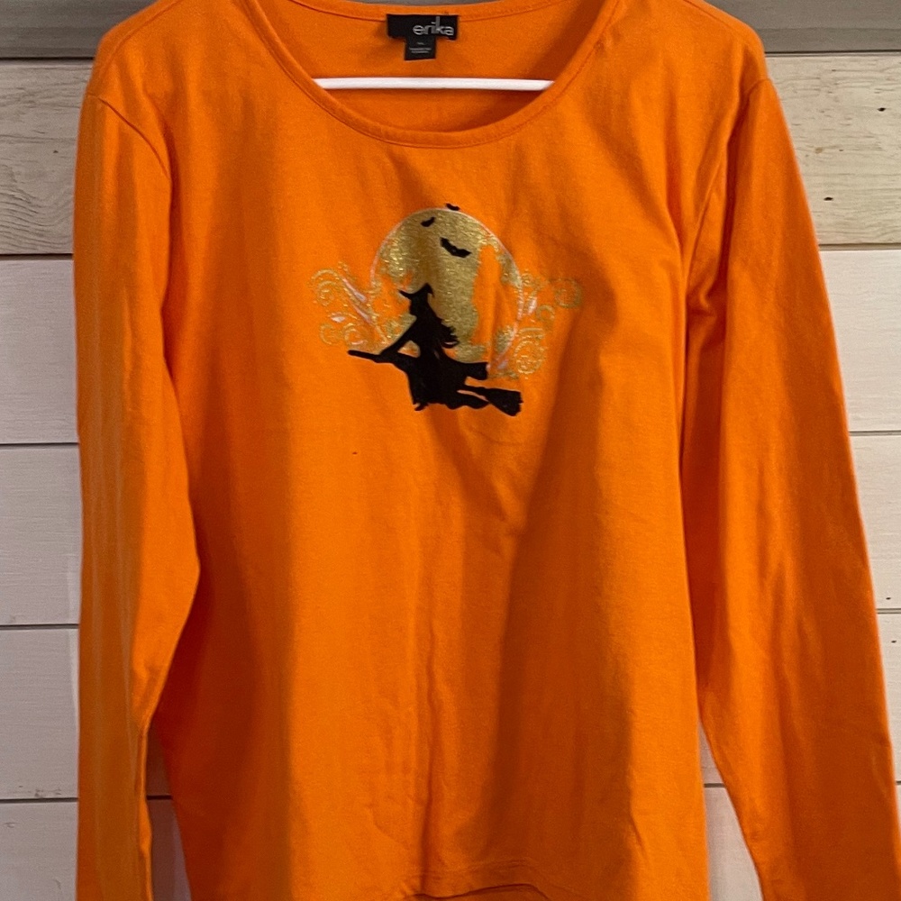 "Witchy Whimsy: Erika's Enchanting Orange Long Sleeve Shirt"